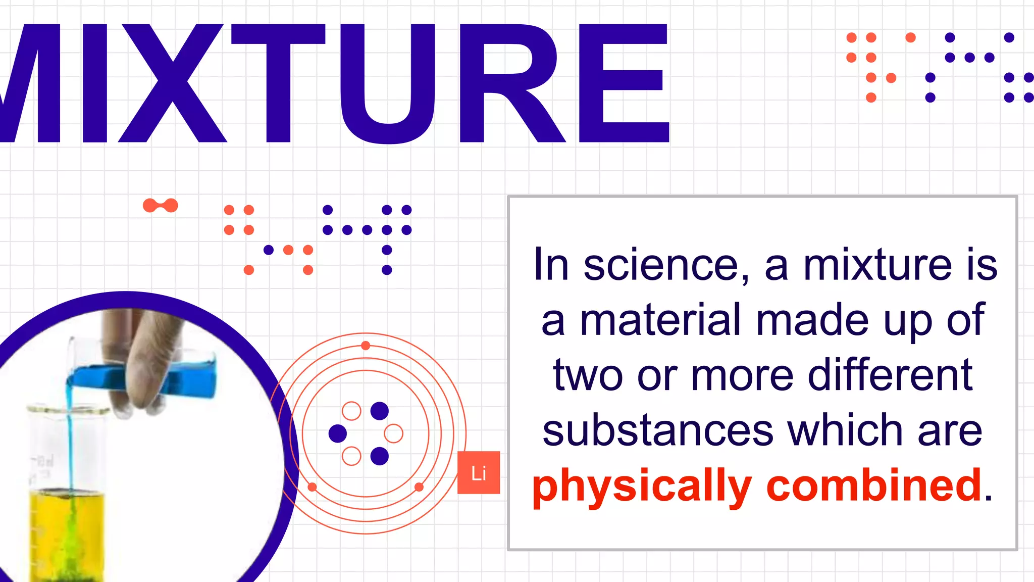 MIXTURE
Li
In science, a mixture is
a material made up of
two or more different
substances which are
physically combined.
 