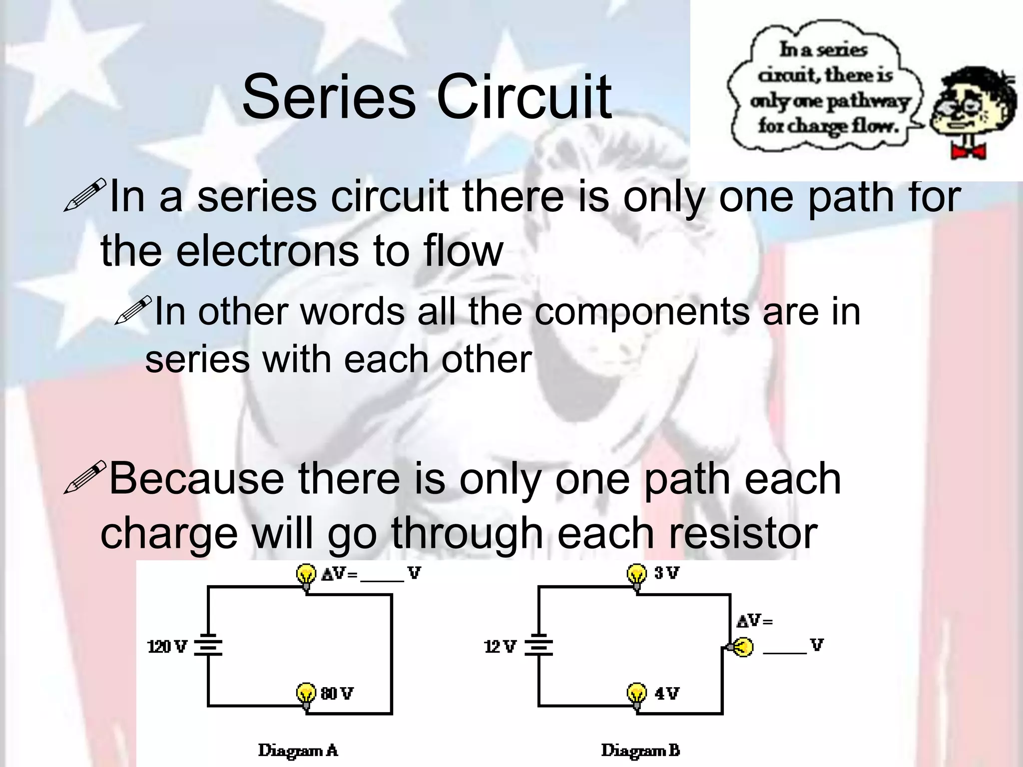 Series Circuit
In a series circuit there is only one path for
the electrons to flow
In other words all the components are in
series with each other
Because there is only one path each
charge will go through each resistor
 
