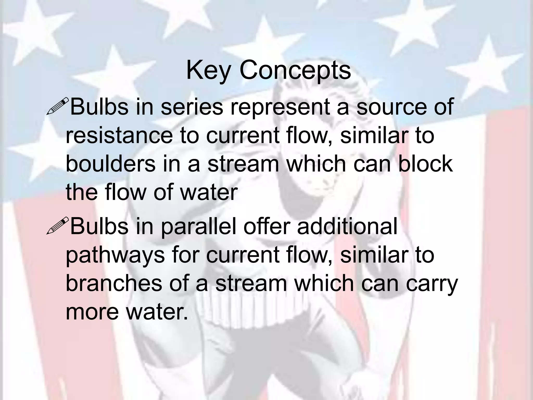 Key Concepts
Bulbs in series represent a source of
resistance to current flow, similar to
boulders in a stream which can block
the flow of water
Bulbs in parallel offer additional
pathways for current flow, similar to
branches of a stream which can carry
more water.
 