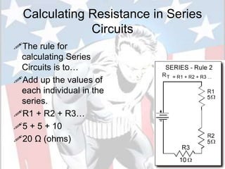 Calculating Resistance in Series
Circuits
The rule for
calculating Series
Circuits is to…
Add up the values of
each individual in the
series.
R1 + R2 + R3…
5 + 5 + 10
20 Ω (ohms)
 