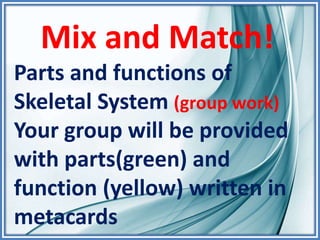 Mix and Match!
Parts and functions of
Skeletal System (group work)
Your group will be provided
with parts(green) and
function (yellow) written in
metacards
 