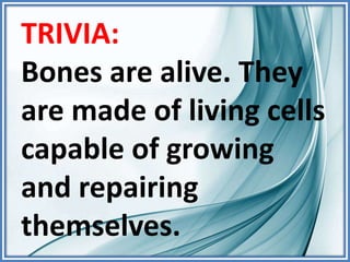 TRIVIA:
Bones are alive. They
are made of living cells
capable of growing
and repairing
themselves.
 