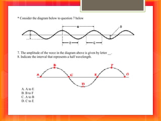 * Consider the diagram below to question 7 below
7. The amplitude of the wave in the diagram above is given by letter __.
8. Indicate the interval that represents a half wavelength.
A. A to E
B. B to F
C. A to B
D. C to E
 