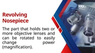 The part that holds two or
more objective lenses and
can be rotated to easily
change power
(magnification).
Revolving
Nosepiece
 