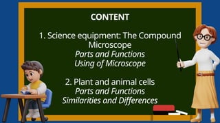 Content
CONTENT
1. Science equipment: The Compound
Microscope
Parts and Functions
Using of Microscope
2. Plant and animal cells
Parts and Functions
Similarities and Differences
 