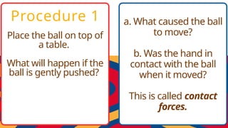 Procedure 1
Place the ball on top of
a table.
What will happen if the
ball is gently pushed?
a. What caused the ball
to move?
b. Was the hand in
contact with the ball
when it moved?
This is called contact
forces.
 