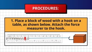 PROCEDURES:
1. Place a block of wood with a hook on a
table, as shown below. Attach the force
measurer to the hook.
 