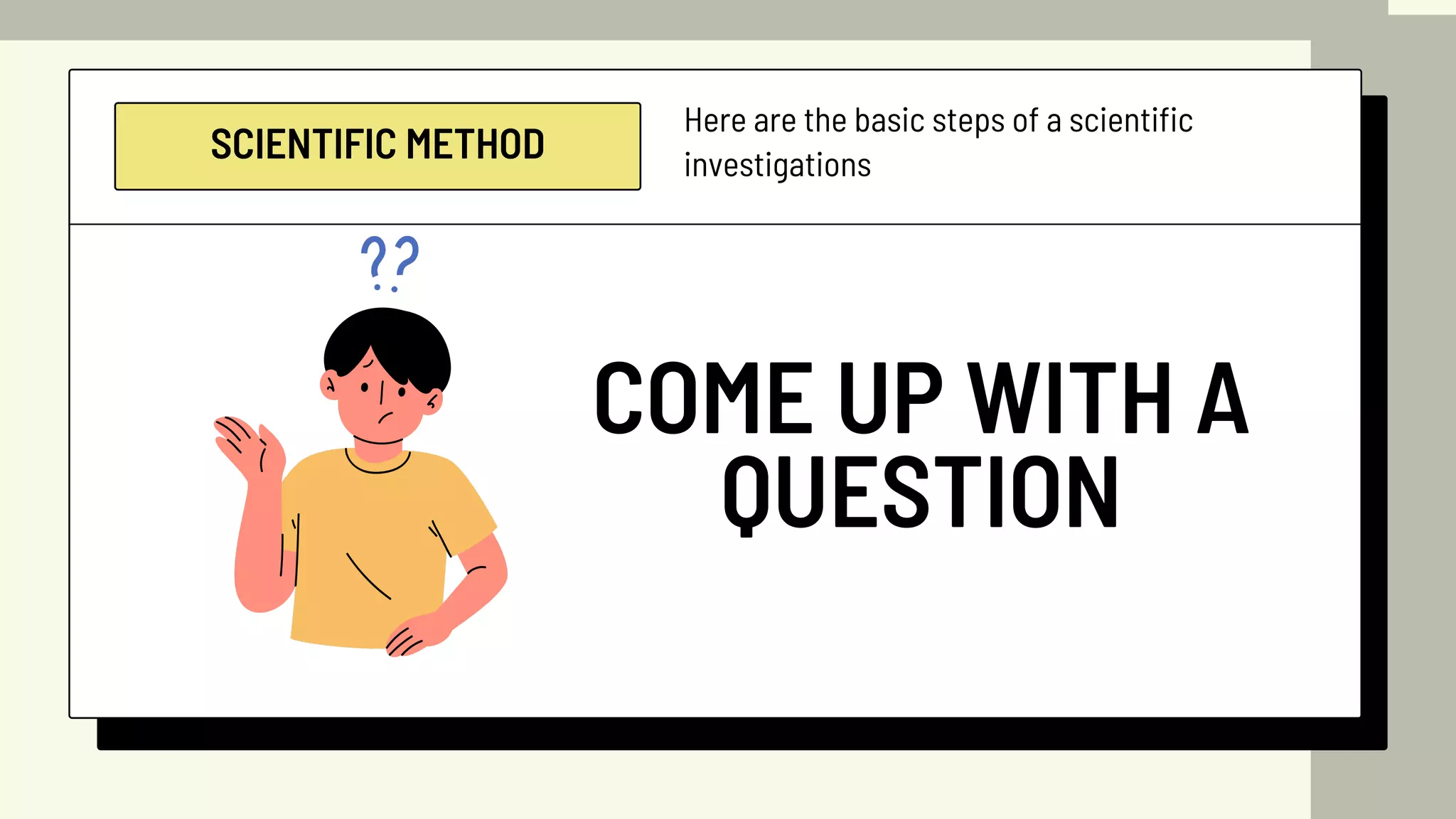 SCIENTIFIC METHOD
Here are the basic steps of a scientific
investigations
COME UP WITH A
QUESTION
 