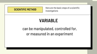 SCIENTIFIC METHOD
Here are the basic steps of a scientific
investigations
VARIABLE
can be manipulated, controlled for,
or measured in an experiment
 