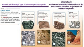 Objective:
Gather and synthesize information to list
and describe the three major types of
sedimentary rocks.
What Are the Three Major Types of Sedimentary Rocks? (page 394)
3 4 1
2
 