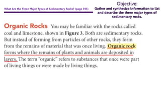 Objective:
Gather and synthesize information to list
and describe the three major types of
sedimentary rocks.
What Are the Three Major Types of Sedimentary Rocks? (page 395)
 