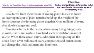 Objective:
Gather and synthesize information to list
and describe the three major types of
sedimentary rocks.
What Are the Three Major Types of Sedimentary Rocks? (page 395)
 