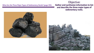 Objective:
Gather and synthesize information to list
and describe the three major types of
sedimentary rocks.
What Are the Three Major Types of Sedimentary Rocks? (page 395)
 