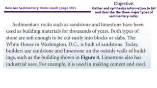 Objective:
Gather and synthesize information to list
and describe the three major types of
sedimentary rocks.
How Are Sedimentary Rocks Used? (page 397)
 