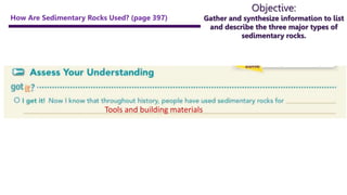 Objective:
Gather and synthesize information to list
and describe the three major types of
sedimentary rocks.
How Are Sedimentary Rocks Used? (page 397)
Tools and building materials
 