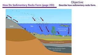 Objective:
Describe how sedimentary rocks form.
How Do Sedimentary Rocks Form (page 393)
 