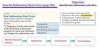 Objective:
Describe how sedimentary rocks form.
How Do Sedimentary Rocks Form (page 393)
Weathering and
erosion
Deposition Compaction Cementation
 