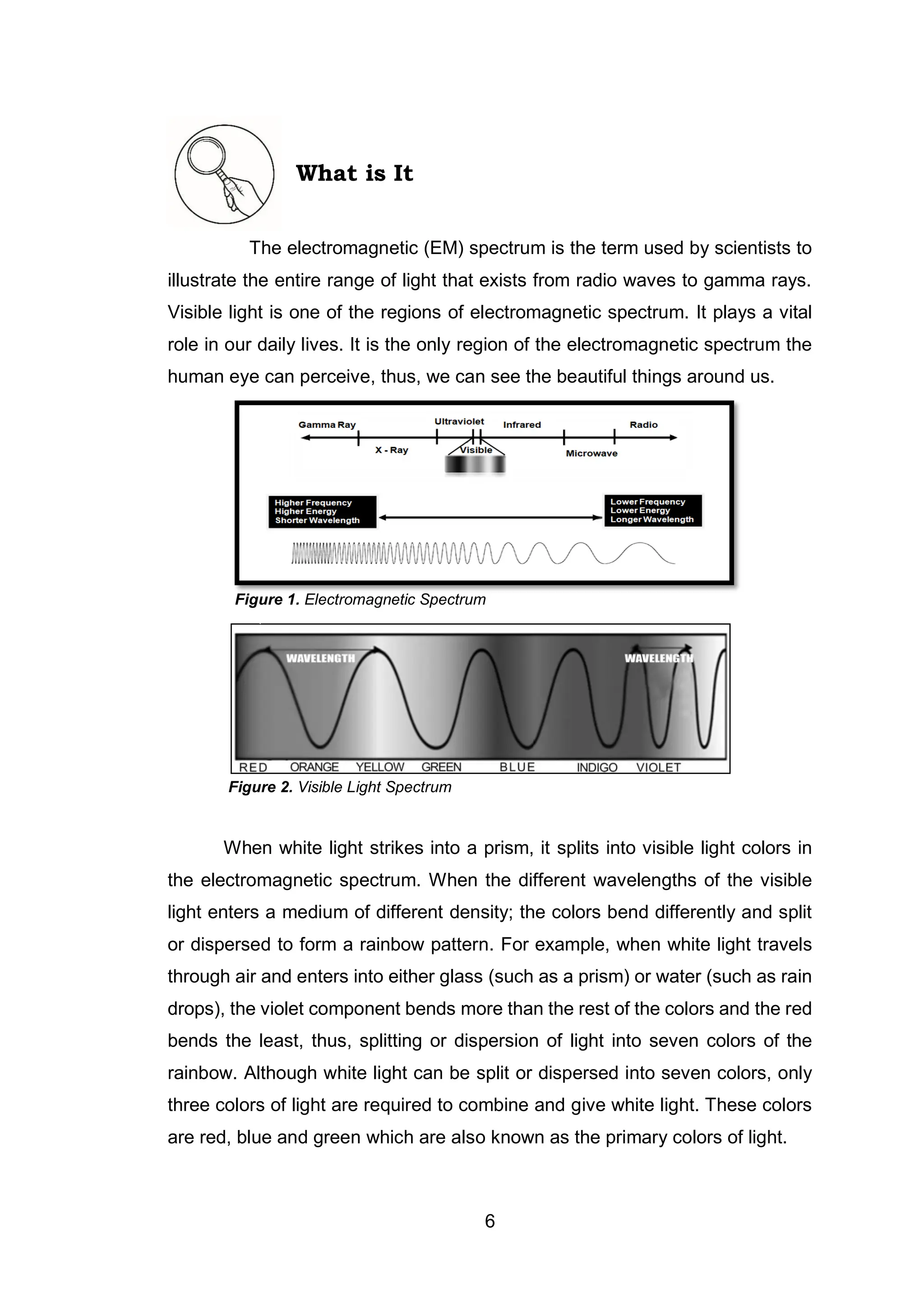 6
The electromagnetic (EM) spectrum is the term used by scientists to
illustrate the entire range of light that exists from radio waves to gamma rays.
Visible light is one of the regions of electromagnetic spectrum. It plays a vital
role in our daily lives. It is the only region of the electromagnetic spectrum the
human eye can perceive, thus, we can see the beautiful things around us.
Figure 1. Electromagnetic Spectrum
Figure 2. Visible Light Spectrum
When white light strikes into a prism, it splits into visible light colors in
the electromagnetic spectrum. When the different wavelengths of the visible
light enters a medium of different density; the colors bend differently and split
or dispersed to form a rainbow pattern. For example, when white light travels
through air and enters into either glass (such as a prism) or water (such as rain
drops), the violet component bends more than the rest of the colors and the red
bends the least, thus, splitting or dispersion of light into seven colors of the
rainbow. Although white light can be split or dispersed into seven colors, only
three colors of light are required to combine and give white light. These colors
are red, blue and green which are also known as the primary colors of light.
What is It
 