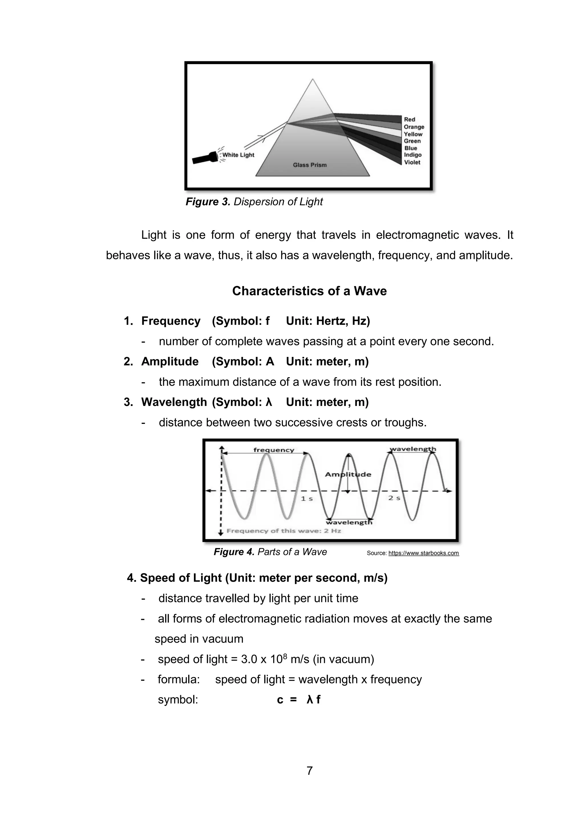 7
Figure 3. Dispersion of Light
Light is one form of energy that travels in electromagnetic waves. It
behaves like a wave, thus, it also has a wavelength, frequency, and amplitude.
Characteristics of a Wave
1. Frequency (Symbol: f Unit: Hertz, Hz)
- number of complete waves passing at a point every one second.
2. Amplitude (Symbol: A Unit: meter, m)
- the maximum distance of a wave from its rest position.
3. Wavelength (Symbol: λ Unit: meter, m)
- distance between two successive crests or troughs.
Figure 4. Parts of a Wave Source: https://www.starbooks.com
4. Speed of Light (Unit: meter per second, m/s)
- distance travelled by light per unit time
- all forms of electromagnetic radiation moves at exactly the same
speed in vacuum
- speed of light = 3.0 x 108
m/s (in vacuum)
- formula: speed of light = wavelength x frequency
symbol: c = λ f
 