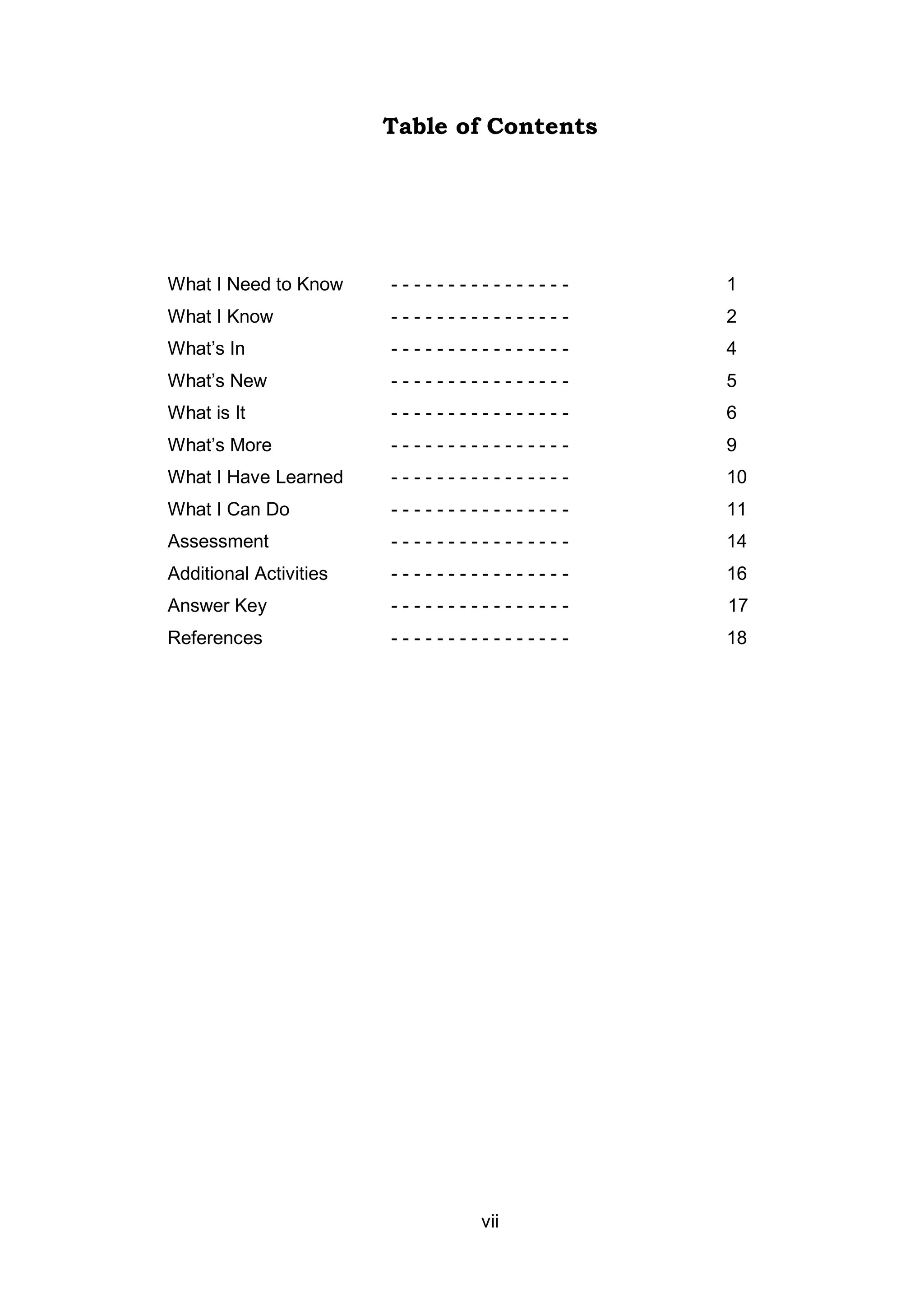 vii
Table of Contents
What I Need to Know - - - - - - - - - - - - - - - - 1
What I Know - - - - - - - - - - - - - - - - 2
What’s In - - - - - - - - - - - - - - - - 4
What’s New - - - - - - - - - - - - - - - - 5
What is It - - - - - - - - - - - - - - - - 6
What’s More - - - - - - - - - - - - - - - - 9
What I Have Learned - - - - - - - - - - - - - - - - 10
What I Can Do - - - - - - - - - - - - - - - - 11
Assessment - - - - - - - - - - - - - - - - 14
Additional Activities - - - - - - - - - - - - - - - - 16
Answer Key - - - - - - - - - - - - - - - - 17
References - - - - - - - - - - - - - - - - 18
 