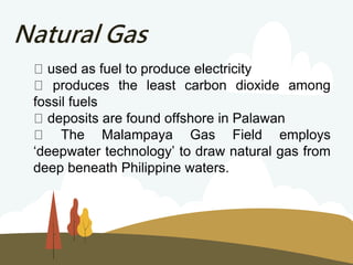 Natural Gas
used as fuel to produce electricity
produces the least carbon dioxide among
fossil fuels
deposits are found offshore in Palawan
The Malampaya Gas Field employs
‘deepwater technology’ to draw natural gas from
deep beneath Philippine waters.
 