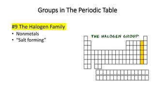 Groups in The Periodic Table
#9 The Halogen Family
• Nonmetals
• “Salt forming”
 