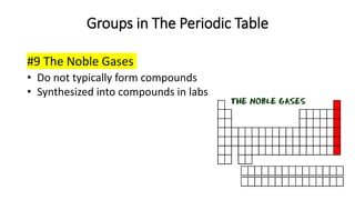 Groups in The Periodic Table
#9 The Noble Gases
• Do not typically form compounds
• Synthesized into compounds in labs
 