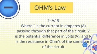 I= V/ R
Where I is the current in amperes (A)
passing through that part of the circuit, V
is the potential difference in volts (V), and R
is the resistance in Ohm’s of the same part
of the circuit
OHM’s Law
 