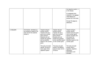 the digestive system. It
is the release
of undigested food
collected in the rectum
called feces and
pushed out of the body
through the anus by
defecation.
E. EVALUATE The teacher will follow up
the questions related to the
topic and let the students
answer it.
Teacher will give
another activity.
Teacher will use a
give-me-a-number
game wherein
students who will
answer the question
will be identified
based on the number
given.
The lucky one shall
identify the part of
main organ of the
digestive system
Teacher will give
another activity.
Teacher will use a
give-me-a-number
game wherein
students who will
answer the question
will be identified based
on the number given.
The lucky one well
identify the different
types of organ and its
functions
Teacher will give
another activity.
Teacher will use a give-
me-a-number game
wherein students who
will answer the
question will be
identified based on the
number given.
The lucky one well
answer what is
ingestion, digestion,
absorption,
assimilation, and
excretion.
 