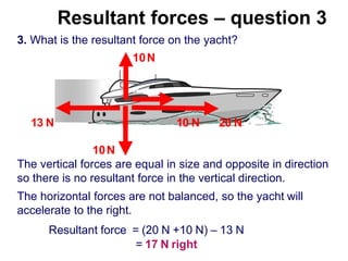 Resultant forces – question 3
3. What is the resultant force on the yacht?
10N
13 N 10 N 20 N
10N
The vertical forces are equal in size and opposite in direction
so there is no resultant force in the vertical direction.
The horizontal forces are not balanced, so the yacht will
accelerate to the right.
Resultant force = (20 N +10 N) – 13 N
= 17 N right
 