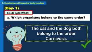 a. Which organisms belong to the same order?
Guide Questions:
(Day- 1)
The cat and the dog both
belong to the order
Carnivora.
C. Developing and Deepening Understanding
 
