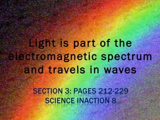 Light is part of the electromagnetic spectrum and travels in waves 