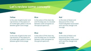 Let’s review some concepts
Yellow
Is the color of gold, butter and
ripe lemons. In the spectrum
of visible light, yellow is found
between green and orange.
Blue
Is the colour of the clear sky
and the deep sea. It is located
between violet and green on
the optical spectrum.
Red
Is the color of blood, and
because of this it has
historically been associated
with sacrifice, danger and
courage.
Yellow
Is the color of gold, butter and
ripe lemons. In the spectrum
of visible light, yellow is found
between green and orange.
Blue
Is the colour of the clear sky
and the deep sea. It is located
between violet and green on
the optical spectrum.
Red
Is the color of blood, and
because of this it has
historically been associated
with sacrifice, danger and
courage.
18
 