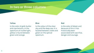 In two or three columns
Yellow
Is the color of gold, butter
and ripe lemons. In the
spectrum of visible light,
yellow is found between
green and orange.
Blue
Is the colour of the clear
sky and the deep sea. It is
located between violet and
green on the optical
spectrum.
Red
Is the color of blood, and
because of this it has
historically been
associated with sacrifice,
danger and courage.
9
 