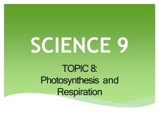 SCIENCE 9
TOPIC 8:
Photosynthesis and
Respiration
 