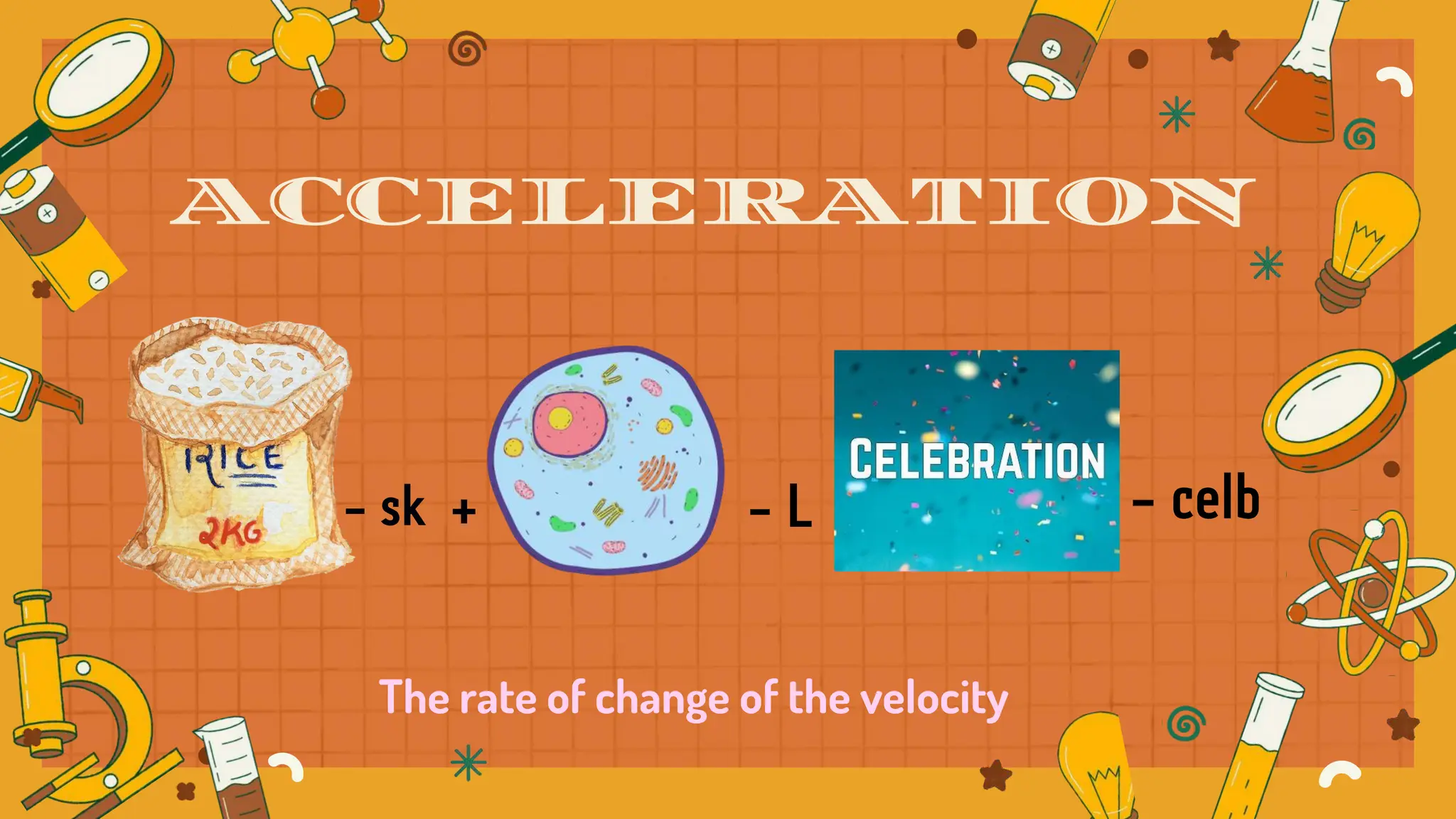 ACCELERATION
The rate of change of the velocity
 