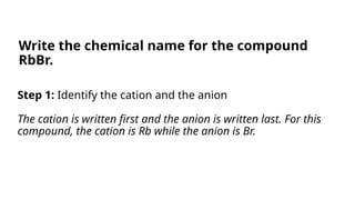 Step 1: Identify the cation and the anion
The cation is written first and the anion is written last. For this
compound, the cation is Rb while the anion is Br.
Write the chemical name for the compound
RbBr.
 