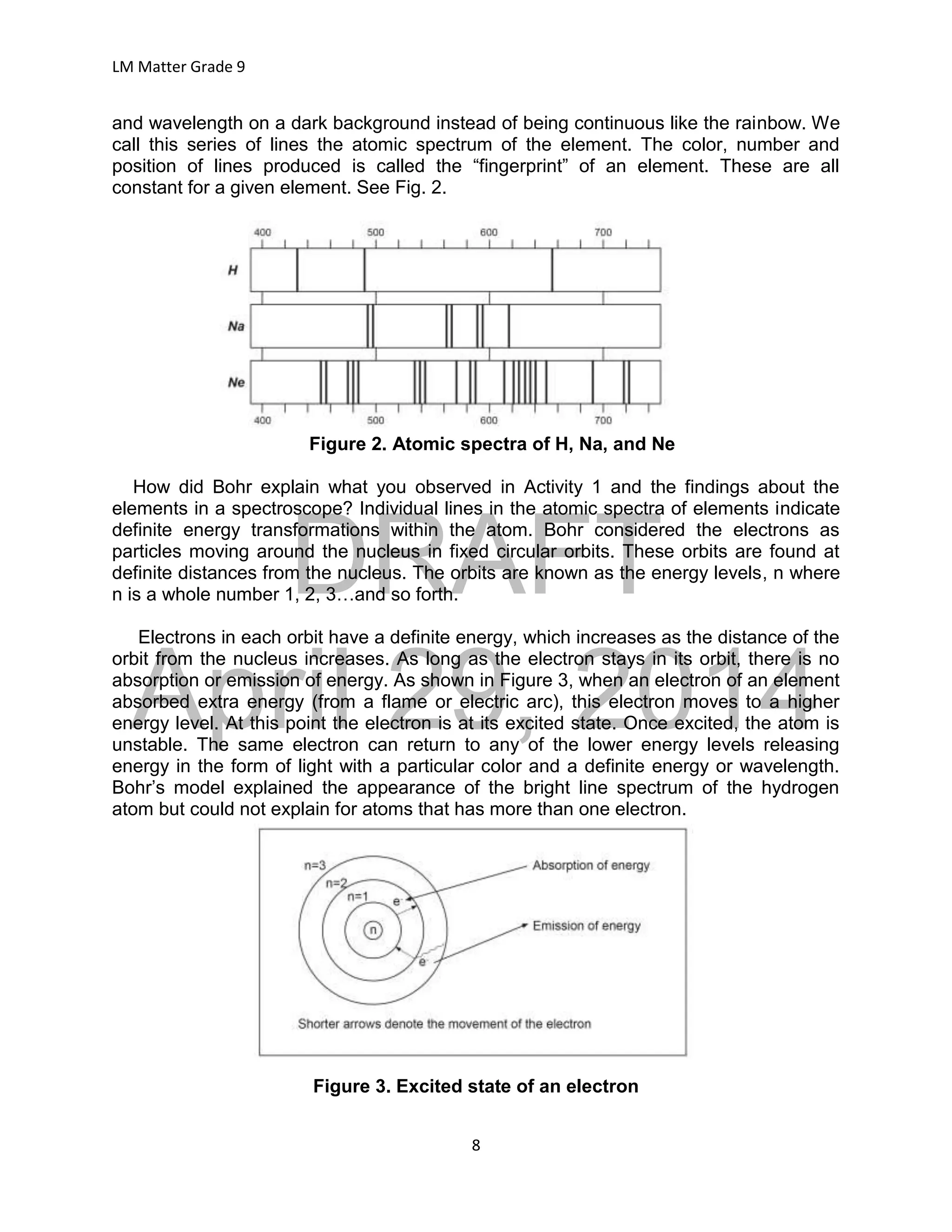 DRAFT
April 29, 2014
LM Matter Grade 9
8
and wavelength on a dark background instead of being continuous like the rainbow. We
call this series of lines the atomic spectrum of the element. The color, number and
position of lines produced is called the “fingerprint” of an element. These are all
constant for a given element. See Fig. 2.
Figure 2. Atomic spectra of H, Na, and Ne
How did Bohr explain what you observed in Activity 1 and the findings about the
elements in a spectroscope? Individual lines in the atomic spectra of elements indicate
definite energy transformations within the atom. Bohr considered the electrons as
particles moving around the nucleus in fixed circular orbits. These orbits are found at
definite distances from the nucleus. The orbits are known as the energy levels, n where
n is a whole number 1, 2, 3…and so forth.
Electrons in each orbit have a definite energy, which increases as the distance of the
orbit from the nucleus increases. As long as the electron stays in its orbit, there is no
absorption or emission of energy. As shown in Figure 3, when an electron of an element
absorbed extra energy (from a flame or electric arc), this electron moves to a higher
energy level. At this point the electron is at its excited state. Once excited, the atom is
unstable. The same electron can return to any of the lower energy levels releasing
energy in the form of light with a particular color and a definite energy or wavelength.
Bohr’s model explained the appearance of the bright line spectrum of the hydrogen
atom but could not explain for atoms that has more than one electron.
Figure 3. Excited state of an electron
 