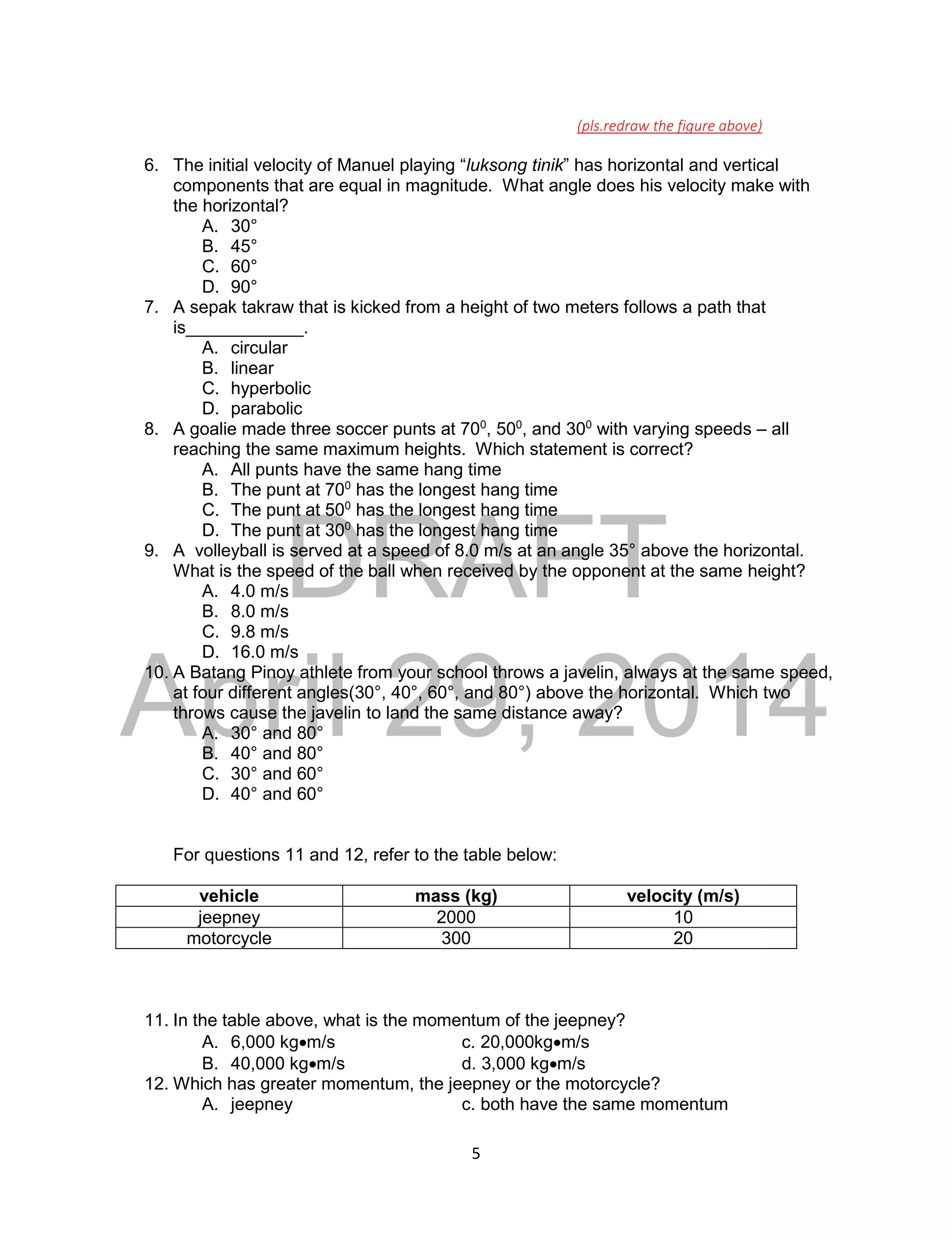 DRAFT
April 29, 2014
5
(pls.redraw the figure above)
6. The initial velocity of Manuel playing “luksong tinik” has horizontal and vertical
components that are equal in magnitude. What angle does his velocity make with
the horizontal?
A. 30°
B. 45°
C. 60°
D. 90°
7. A sepak takraw that is kicked from a height of two meters follows a path that
is____________.
A. circular
B. linear
C. hyperbolic
D. parabolic
8. A goalie made three soccer punts at 700
, 500
, and 300
with varying speeds – all
reaching the same maximum heights. Which statement is correct?
A. All punts have the same hang time
B. The punt at 700
has the longest hang time
C. The punt at 500
has the longest hang time
D. The punt at 300
has the longest hang time
9. A volleyball is served at a speed of 8.0 m/s at an angle 35° above the horizontal.
What is the speed of the ball when received by the opponent at the same height?
A. 4.0 m/s
B. 8.0 m/s
C. 9.8 m/s
D. 16.0 m/s
10. A Batang Pinoy athlete from your school throws a javelin, always at the same speed,
at four different angles(30°, 40°, 60°, and 80°) above the horizontal. Which two
throws cause the javelin to land the same distance away?
A. 30° and 80°
B. 40° and 80°
C. 30° and 60°
D. 40° and 60°
For questions 11 and 12, refer to the table below:
vehicle mass (kg) velocity (m/s)
jeepney 2000 10
motorcycle 300 20
11. In the table above, what is the momentum of the jeepney?
A. 6,000 kgm/s c. 20,000kgm/s
B. 40,000 kgm/s d. 3,000 kgm/s
12. Which has greater momentum, the jeepney or the motorcycle?
A. jeepney c. both have the same momentum
 