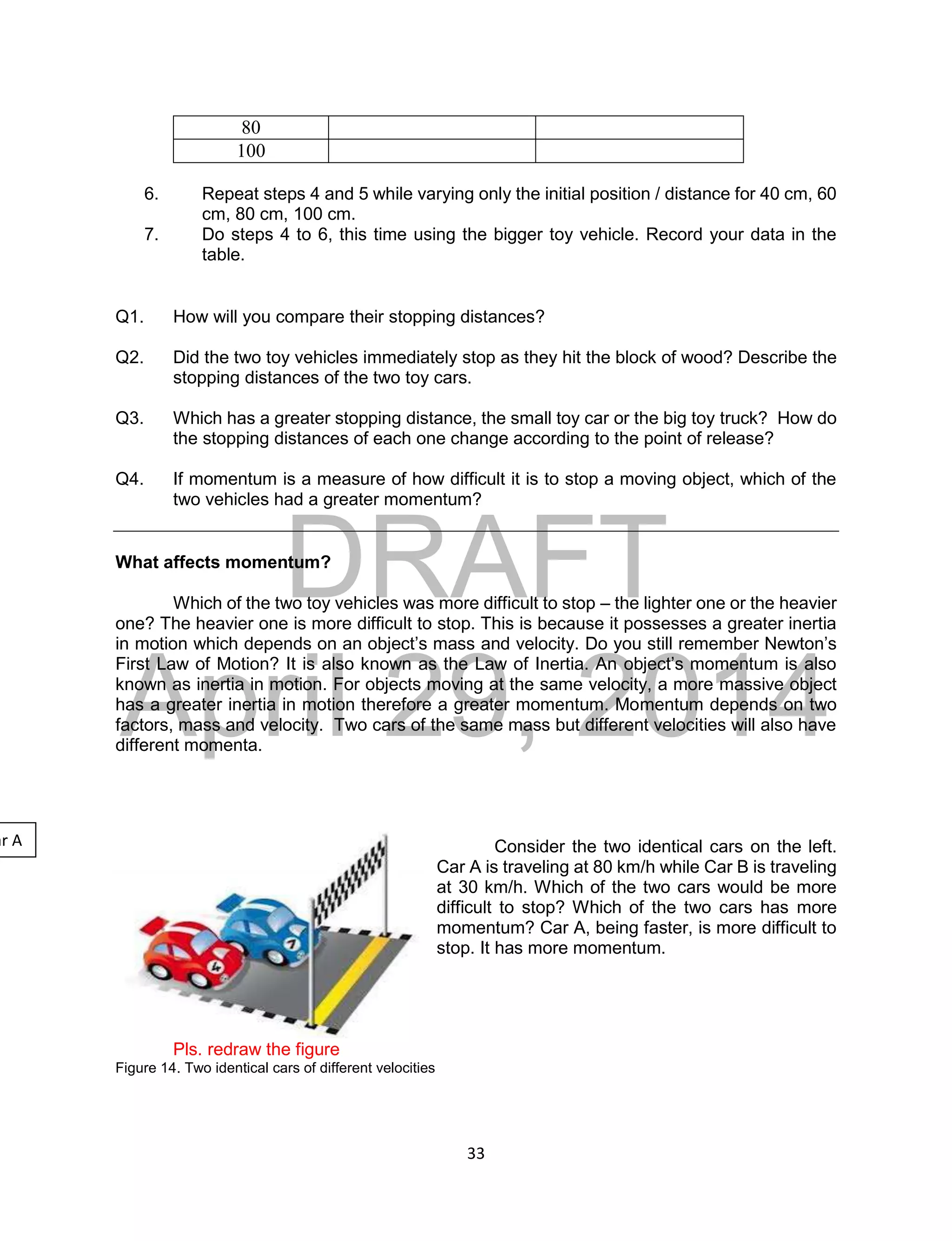 DRAFT
April 29, 2014
33
80
100
6. Repeat steps 4 and 5 while varying only the initial position / distance for 40 cm, 60
cm, 80 cm, 100 cm.
7. Do steps 4 to 6, this time using the bigger toy vehicle. Record your data in the
table.
Q1. How will you compare their stopping distances?
Q2. Did the two toy vehicles immediately stop as they hit the block of wood? Describe the
stopping distances of the two toy cars.
Q3. Which has a greater stopping distance, the small toy car or the big toy truck? How do
the stopping distances of each one change according to the point of release?
Q4. If momentum is a measure of how difficult it is to stop a moving object, which of the
two vehicles had a greater momentum?
What affects momentum?
Which of the two toy vehicles was more difficult to stop – the lighter one or the heavier
one? The heavier one is more difficult to stop. This is because it possesses a greater inertia
in motion which depends on an object’s mass and velocity. Do you still remember Newton’s
First Law of Motion? It is also known as the Law of Inertia. An object’s momentum is also
known as inertia in motion. For objects moving at the same velocity, a more massive object
has a greater inertia in motion therefore a greater momentum. Momentum depends on two
factors, mass and velocity. Two cars of the same mass but different velocities will also have
different momenta.
Consider the two identical cars on the left.
Car A is traveling at 80 km/h while Car B is traveling
at 30 km/h. Which of the two cars would be more
difficult to stop? Which of the two cars has more
momentum? Car A, being faster, is more difficult to
stop. It has more momentum.
Pls. redraw the figure
Figure 14. Two identical cars of different velocities
ar A
 