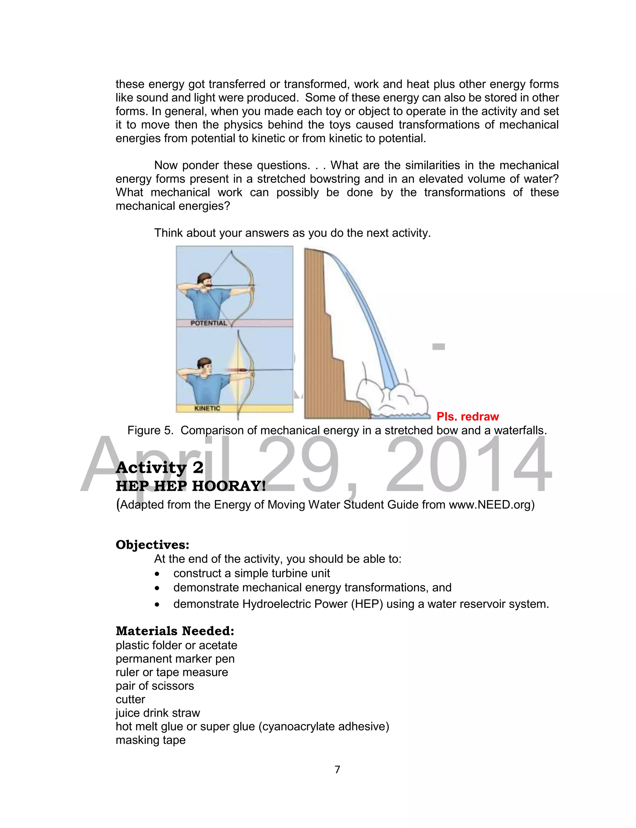 DRAFT
April 29, 2014
7
these energy got transferred or transformed, work and heat plus other energy forms
like sound and light were produced. Some of these energy can also be stored in other
forms. In general, when you made each toy or object to operate in the activity and set
it to move then the physics behind the toys caused transformations of mechanical
energies from potential to kinetic or from kinetic to potential.
Now ponder these questions. . . What are the similarities in the mechanical
energy forms present in a stretched bowstring and in an elevated volume of water?
What mechanical work can possibly be done by the transformations of these
mechanical energies?
Think about your answers as you do the next activity.
Pls. redraw
Figure 5. Comparison of mechanical energy in a stretched bow and a waterfalls.
Activity 2
HEP HEP HOORAY!
(Adapted from the Energy of Moving Water Student Guide from www.NEED.org)
Objectives:
At the end of the activity, you should be able to:
 construct a simple turbine unit
 demonstrate mechanical energy transformations, and
 demonstrate Hydroelectric Power (HEP) using a water reservoir system.
Materials Needed:
plastic folder or acetate
permanent marker pen
ruler or tape measure
pair of scissors
cutter
juice drink straw
hot melt glue or super glue (cyanoacrylate adhesive)
masking tape
 
