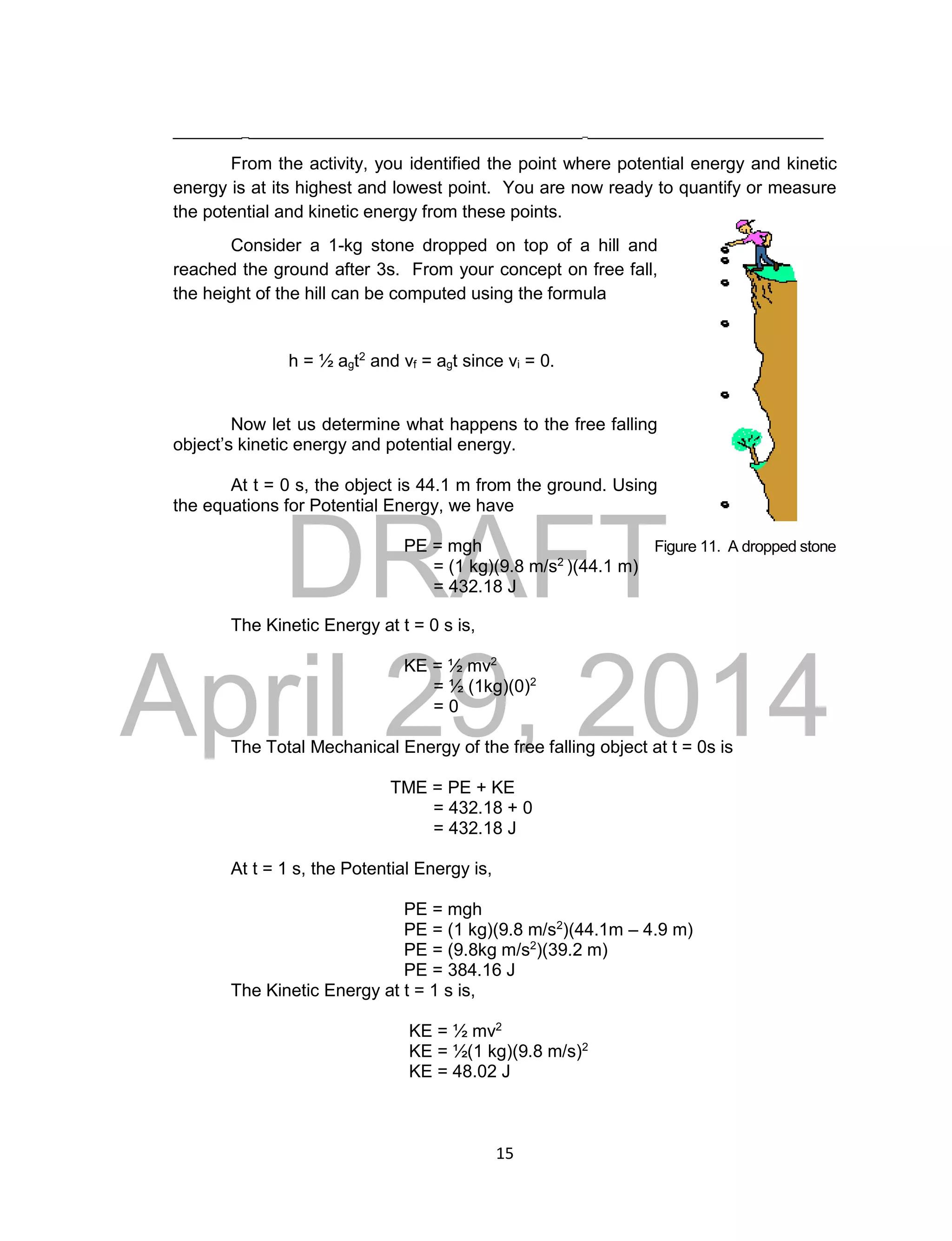 DRAFT
April 29, 2014
15
___________________________________________________________________
From the activity, you identified the point where potential energy and kinetic
energy is at its highest and lowest point. You are now ready to quantify or measure
the potential and kinetic energy from these points.
Consider a 1-kg stone dropped on top of a hill and
reached the ground after 3s. From your concept on free fall,
the height of the hill can be computed using the formula
h = ½ agt2
and vf = agt since vi = 0.
Now let us determine what happens to the free falling
object’s kinetic energy and potential energy.
At t = 0 s, the object is 44.1 m from the ground. Using
the equations for Potential Energy, we have
PE = mgh Figure 11. A dropped stone
= (1 kg)(9.8 m/s2
)(44.1 m)
= 432.18 J
The Kinetic Energy at t = 0 s is,
KE = ½ mv2
= ½ (1kg)(0)2
= 0
The Total Mechanical Energy of the free falling object at t = 0s is
TME = PE + KE
= 432.18 + 0
= 432.18 J
At t = 1 s, the Potential Energy is,
PE = mgh
PE = (1 kg)(9.8 m/s2
)(44.1m – 4.9 m)
PE = (9.8kg m/s2
)(39.2 m)
PE = 384.16 J
The Kinetic Energy at t = 1 s is,
KE = ½ mv2
KE = ½(1 kg)(9.8 m/s)2
KE = 48.02 J
 