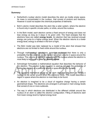 DRAFT
April 29, 2014
LM Matter Grade 9
16
Summary:
 Rutherford’s nuclear atomic model describes the atom as mostly empty space.
Its mass is concentrated in the nucleus that consist of protons and neutrons.
However it could not explain the chemical properties of elements.
 Bohr’s atomic model describes the atom like a solar system, where the electron
is found only in specific circular paths, or orbits, around the nucleus.
 In the Bohr model, each electron carries a fixed amount of energy and does not
lose energy as long as it stays in its given orbit. The fixed energies that the
electrons have are called energy levels. An electron that has received enough
energy can jump to a higher energy level. When the electron returns to a lower
energy level, energy is emitted in the form of light.
 The Bohr model was later replaced by a model of the atom that showed that
electrons are not limited to fixed orbits around the nucleus.
 Through mathematical calculations, scientists explained that there is only a
probability that the electron can be found in a certain volume in space around the
nucleus. This volume or region of space around the nucleus where the electron is
most likely to be found is called an atomic orbital
 Schrodinger formulated a mathematical equation that describes the behavior of
the electron. The solution to the equation is used to calculate the probability of
finding the electron at a particular region in space around the nucleus.
 The quantum mechanical model of the atom describes the atom as having a
nucleus at the center around which the electrons move. This model describes a
region in space where the electron is most likely to be found.
 An electron is imagined to be a cloud of negative charge having a certain
geometrical shape. The electrons are arranged in principal or main energy levels
that consist of one or more sublevels.
 The way in which electrons are distributed in the different orbitals around the
nucleus of an atom is called the electron configuration. Filling of electrons start
from lower energy level to highest energy level
 