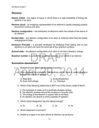 DRAFT
April 29, 2014
LM Matter Grade 9
17
Glossary:
Atomic orbital – the region of space in which there is a high probability of finding the
electron in an atom
Electron cloud – an imaginary representation of an electron’s rapidly changing position
around the nucleus over time
Electron configuration – the distribution of electrons within the orbitals of the atoms of
an element
Excited state – any electron configuration of an atom or molecule other than the lowest
energy(ground) state
Exclusion Principle – a principle developed by Wolfgang Pauli stating that no two
electrons in an atom can have the same set of four quantum numbers
Ground state – the electron configuration of an atom or ion that is lowest in energy
Quantum number- a number that specifies a property of an orbital or an electron
Summative Assessment:
I. Multiple Choice: Select the best/correct answer.
1. Who proposed the probability that electrons will be found in certain locations
around the nucleus of an atom?
A. Neils Bohr C. Ernest Rutherford
B. Erwin Schrodinger D. J.J. Thomson
2. Which of the following statements is NOT true of the atomic model of Bohr?
A. The hydrogen is made up of a positively charged nucleus
B. The electron revolves around the nucleus in a circular orbit.
C. The energy of the electron in a given orbit is not fixed.
D. An electron can absorb or emit a quantity of radiation.
3. Which orbital designation has the highest energy?
A. 2s B. 2p C. 3d D. 4s
4. Which statement is incorrect?
A. Orbital is a region in an atom where an electron can be found.
 