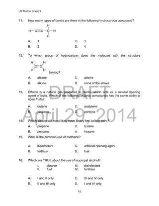 DRAFT
April 29, 2014
LM Matter Grade 9
41
11. How many types of bonds are there in the following hydrocarbon compound?
A. 1 C. 3
B. 2 D. 4
12. To which group of hydrocarbon does the molecule with the structure
belong?
A. alkane C. alkene
B. alkyne D. none of the above
13. Ethene is a natural gas produced in plants, which acts as a natural ripening
agent of fruits. Which of the following organic compounds has the same ability to
ripen fruits?
A. butane C. acetylene
B. propene D. pentyne
14. Which alkane will most likely have a very low boiling point?
A. propane C. butane
B. pentane d. hexane
15. What is the common use of methane?
A. disinfectant C. artificial ripening agent
B. fertilizer D. fuel
16. Which are TRUE about the use of isopropyl alcohol?
I. cleaner III. disinfectant
II. fuel IV. fertilizer
A. I and II only C. III and IV only
B. II and III only D. I and IV only
 