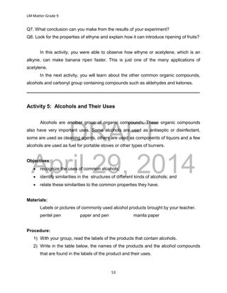 DRAFT
April 29, 2014
LM Matter Grade 9
53
Q7. What conclusion can you make from the results of your experiment?
Q8. Look for the properties of ethyne and explain how it can introduce ripening of fruits?
In this activity, you were able to observe how ethyne or acetylene, which is an
alkyne, can make banana ripen faster. This is just one of the many applications of
acetylene.
In the next activity, you will learn about the other common organic compounds,
alcohols and carbonyl group containing compounds such as aldehydes and ketones.
______________________________________________________________________
Activity 5: Alcohols and Their Uses
Alcohols are another group of organic compounds. These organic compounds
also have very important uses. Some alcohols are used as antiseptic or disinfectant,
some are used as cleaning agents, others are used as components of liquors and a few
alcohols are used as fuel for portable stoves or other types of burners.
Objectives:
 recognize the uses of common alcohols;
 identify similarities in the structures of different kinds of alcohols; and
 relate these similarities to the common properties they have.
Materials:
Labels or pictures of commonly used alcohol products brought by your teacher.
pentel pen paper and pen manila paper
Procedure:
1) With your group, read the labels of the products that contain alcohols.
2) Write in the table below, the names of the products and the alcohol compounds
that are found in the labels of the product and their uses.
 