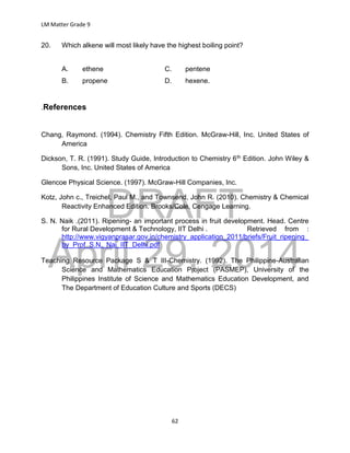 DRAFT
April 29, 2014
LM Matter Grade 9
62
20. Which alkene will most likely have the highest boiling point?
A. ethene C. pentene
B. propene D. hexene.
.References
Chang, Raymond. (1994). Chemistry Fifth Edition. McGraw-Hill, Inc. United States of
America
Dickson, T. R. (1991). Study Guide, Introduction to Chemistry 6th Edition. John Wiley &
Sons, Inc. United States of America
Glencoe Physical Science. (1997). McGraw-Hill Companies, Inc.
Kotz, John c., Treichel, Paul M., and Townsend, John R. (2010). Chemistry & Chemical
Reactivity Enhanced Edition. Brooks/Cole, Cengage Learning.
S. N. Naik .(2011). Ripening- an important process in fruit development. Head. Centre
for Rural Development & Technology, IIT Delhi . Retrieved from :
http://www.vigyanprasar.gov.in/chemistry_application_2011/briefs/Fruit_ripening_
by_Prof_S.N._Nai_IIT_Delhi.pdf
Teaching Resource Package S & T III-Chemistry. (1992). The Philippine-Australian
Science and Mathematics Education Project (PASMEP), University of the
Philippines Institute of Science and Mathematics Education Development, and
The Department of Education Culture and Sports (DECS)
 