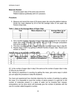 DRAFT
April 29, 2014
LM Matter Grade 9
66
Materials Needed:
25 pieces paper clips of the same size and kind
Platform balance (preferably with 0.01 precision)
Procedure:
1. Measure and record the mass of 25 pieces paper clip using the platform balance.
Divide the mass obtained by 25 to find the average mass of one paper clip.
Perform three trials.
Table 1: Data on the Average Mass of Paper Clips
Trial Mass (25pieces in g) Average Mass (g) of
one paper clip
1
2
3
2. Get a handful of paper clips and measure their mass. Compute for the number of
paper clips using your data from step #1. Be sure to do it through computation
and not by counting.
3. This time, count the number of paper clips in the handful of paper clips in step #2.
4. Repeat steps 2 and 3 by getting a different handful of paper clips. Record your
answer on Table 2.
Table 2: Data on the Number of Paper Clips
Trial Mass of a handful
of paper clips
Number of Paper Clips
based on Computation
Number of Paper Clip
Based on the
Actual Count
1
2
3
Q1. Is the number of paper clips in step 2 the same as the number of paper clips in step
3? Why do you think so?
Q2. Having an experience in counting by getting the mass, give some ways in which
you can apply this procedure in daily life situations.
You have just experienced how chemists determine the number of particles by getting
the mass. It is impossible to count the number of atoms present in a gold bar or the
number of molecules present in a glass of water but by knowing their masses,
computations can be done which will eventually give the number of particles with the
use of a number called Avogadro’s number.
 