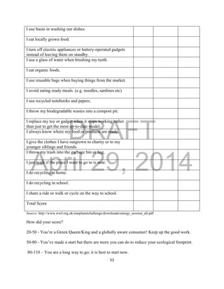 DRAFT
April 29, 2014
52
I use basin in washing our dishes.
I eat locally grown food.
I turn off electric appliances or battery-operated gadgets
instead of leaving them on standby.
I use a glass of water when brushing my teeth.
I eat organic foods.
I use reusable bags when buying things from the market.
I avoid eating ready meals. (e.g. noodles, sardines etc)
I use recycled notebooks and papers.
I throw my biodegradable wastes into a compost pit.
I replace my toy or gadget when it stops working rather
than just to get the most up-to-date model.
I always know where my food or products are made.
I give the clothes I have outgrown to charity or to my
younger siblings and friends.
I throw my trash into the garbage bin or bag.
I just walk if the place I want to go to is near.
I do recycling at home.
I do recycling in school.
I share a ride or walk or cycle on the way to school.
Total Score
Source: http://www.wwf.org.uk/oneplanetchallenge/downloads/energy_session_all.pdf
How did your score?
20-50 - You’re a Green Queen/King and a globally aware consumer! Keep up the good work.
50-80 - You’ve made a start but there are more you can do to reduce your ecological footprint.
80-110 – You are a long way to go; it is best to start now.
 