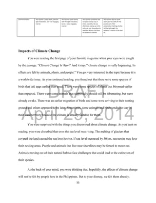 DRAFT
April 29, 2014
55
Oral Presentation The reporter spoke clearly, with the
right modulation, and in an engaging
manner.
The reporter spoke clearly,
with the right modulation,
but in a not so engaging
manner.
The reporter sometimes did
not speak clearly and, at
times, too softly. He was
oftentimes looking up at the
ceiling or over the audience’s
head and did not at all elicit
the audience’s interest.
The reporter did not speak
clearly and too softly for the
greater part of the
presentation. Nothing of what
he/she said caught the
audience’s interest in the least
bit.
Impacts of Climate Change
You were reading the first page of your favorite magazine when your eyes were caught
by the passage: “Climate Change Is Here!” And it says,” climate change is really happening. Its
effects are felt by animals, plants, and people.” You got very interested in the topic because it is
a worldwide issue. As you continued reading, you found out that there were some species of
birds that laid eggs earlier than usual. There were some species of plants that bloomed earlier
than expected. There were some animals that supposedly should still be hibernating, but were
already awake. There was an earlier migration of birds and some were arriving to their nesting
ground and others appeared to be later. Sometimes, some animals and birds tended to stay in
their local territory because the climate is already suitable for them.
You were surprised with the things you discovered about climate change. As you kept on
reading, you were disturbed that even the sea level was rising. The melting of glaciers that
covered the land caused the sea level to rise. If sea level increased by 50 cm, sea turtles may lose
their nesting areas. People and animals that live near shorelines may be forced to move out.
Animals moving out of their natural habitat face challenges that could lead to the extinction of
their species.
At the back of your mind, you were thinking that, hopefully, the effects of climate change
will not be felt by people here in the Philippines. But to your dismay, we felt them already.
 